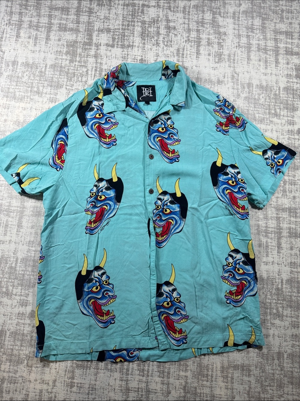 Y2KEd Hardy Button Down Shirt Mens L Mint Green Hannya Mask Tattoo Graphic 26X20